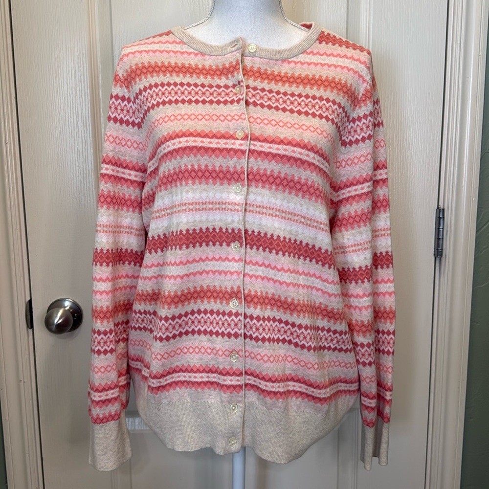 NEW Lands’ End 100% Cotton Coral and Beige patterned cardigan size 1X 16W 18 W